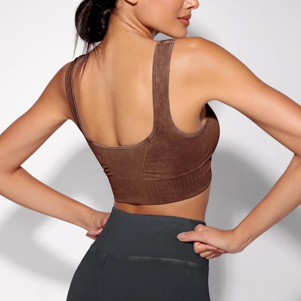 Seamless Square Neck Sports Bra Women Ribbed Crop Tank Casual Low Back Crop Tops - Picture 6 of 10